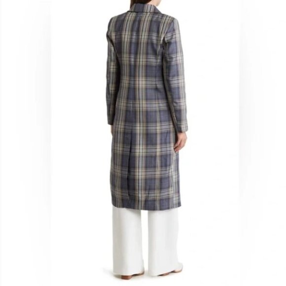 AVEC LES FILLES Double Breasted Plaid Duster Trench Coat In Blue/ Peach Plaid - Picture 2 of 7